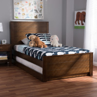 Baxton Studio HT1702-Walnut Brown-Twin-TRDL Catalina Modern Classic Mission Style Brown-Finished Wood Twin Platform Bed with Trundle